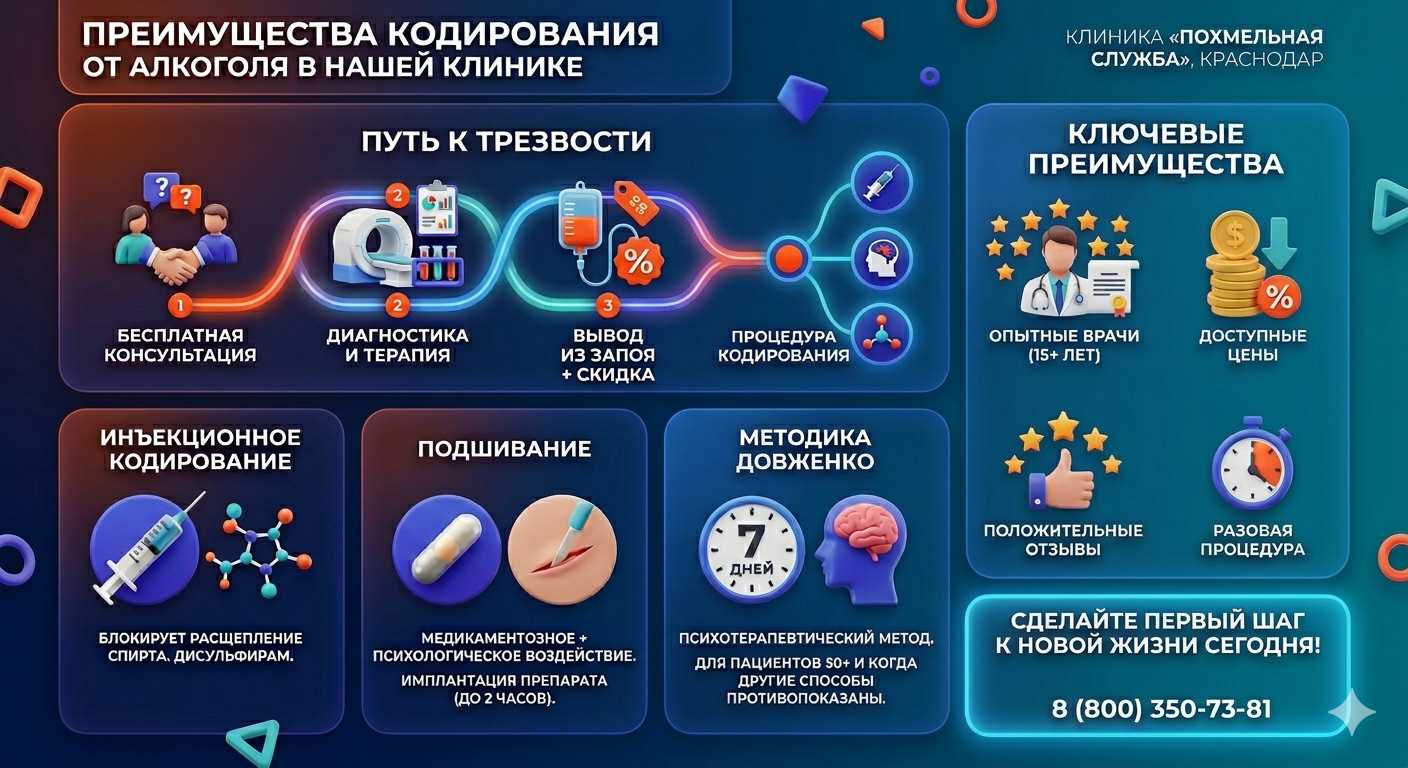 Инфографика о методах кодирования от алкоголя в Вилючинске: инъекции, подшивание, метод Довженко. Преимущества клиники и этапы лечения.